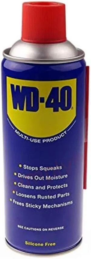 WD-40 Multi-Use 330ml spray can lubricating and protecting tools, hinges, and machinery from rust and corrosion.