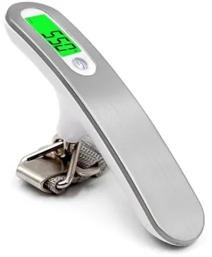 Baeskii High Precision Digital Luggage Scale in silver with backlit LCD display and ergonomic carry handle for accurate travel weight measurement