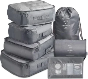 VAGREEZ 7-piece grey packing cubes set for travel luggage organization with breathable mesh and waterproof fabric