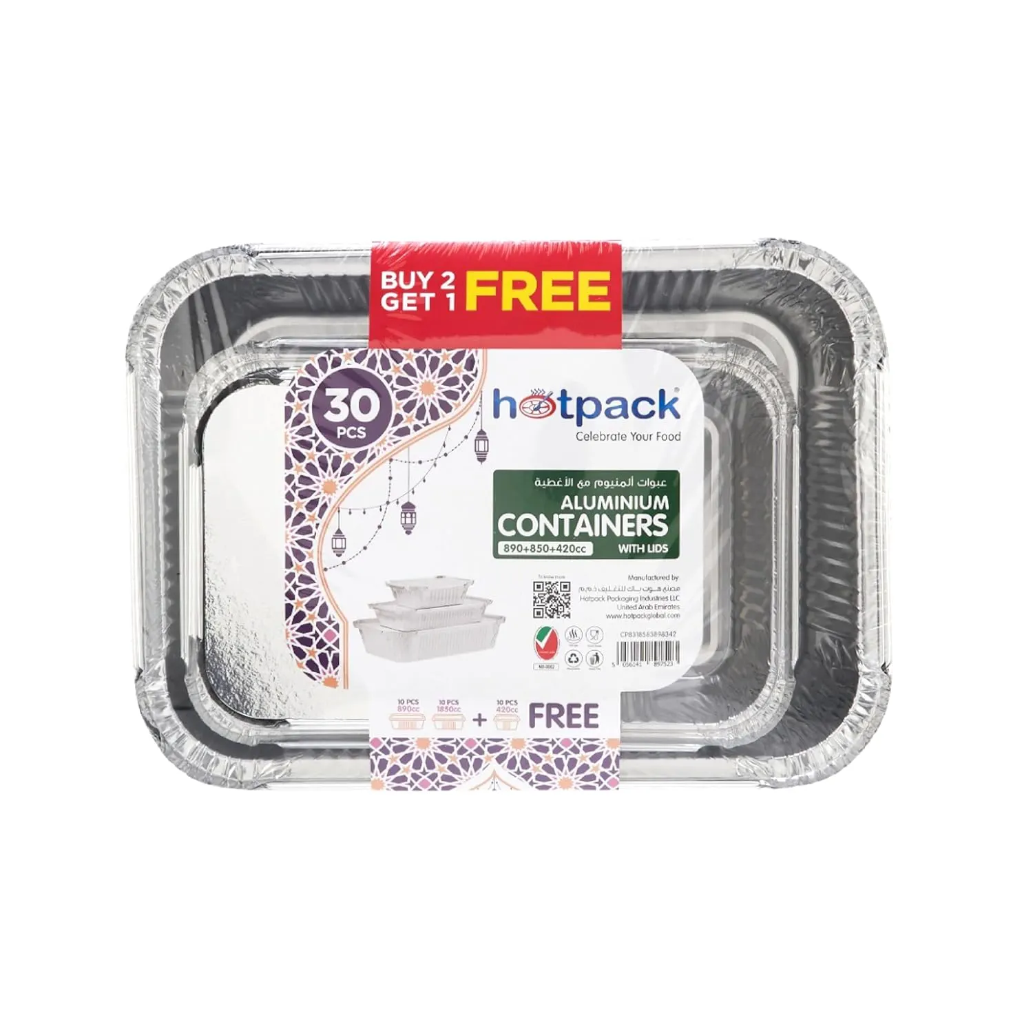 Aluminium Food Containers 30 Pack, 1850/890/420cc