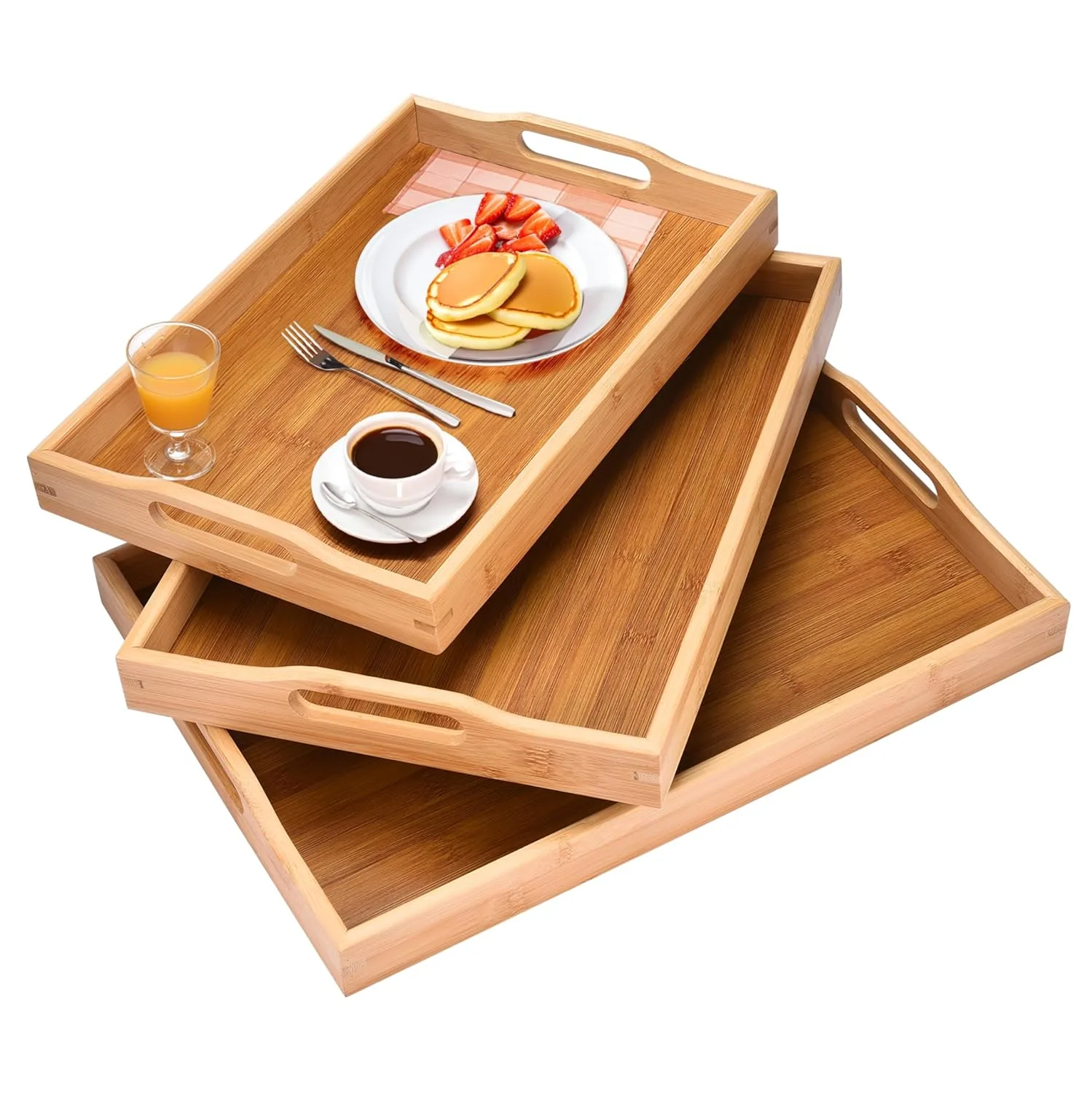 Bamboo Serving Trays with Handles - Set of 3 Nesting