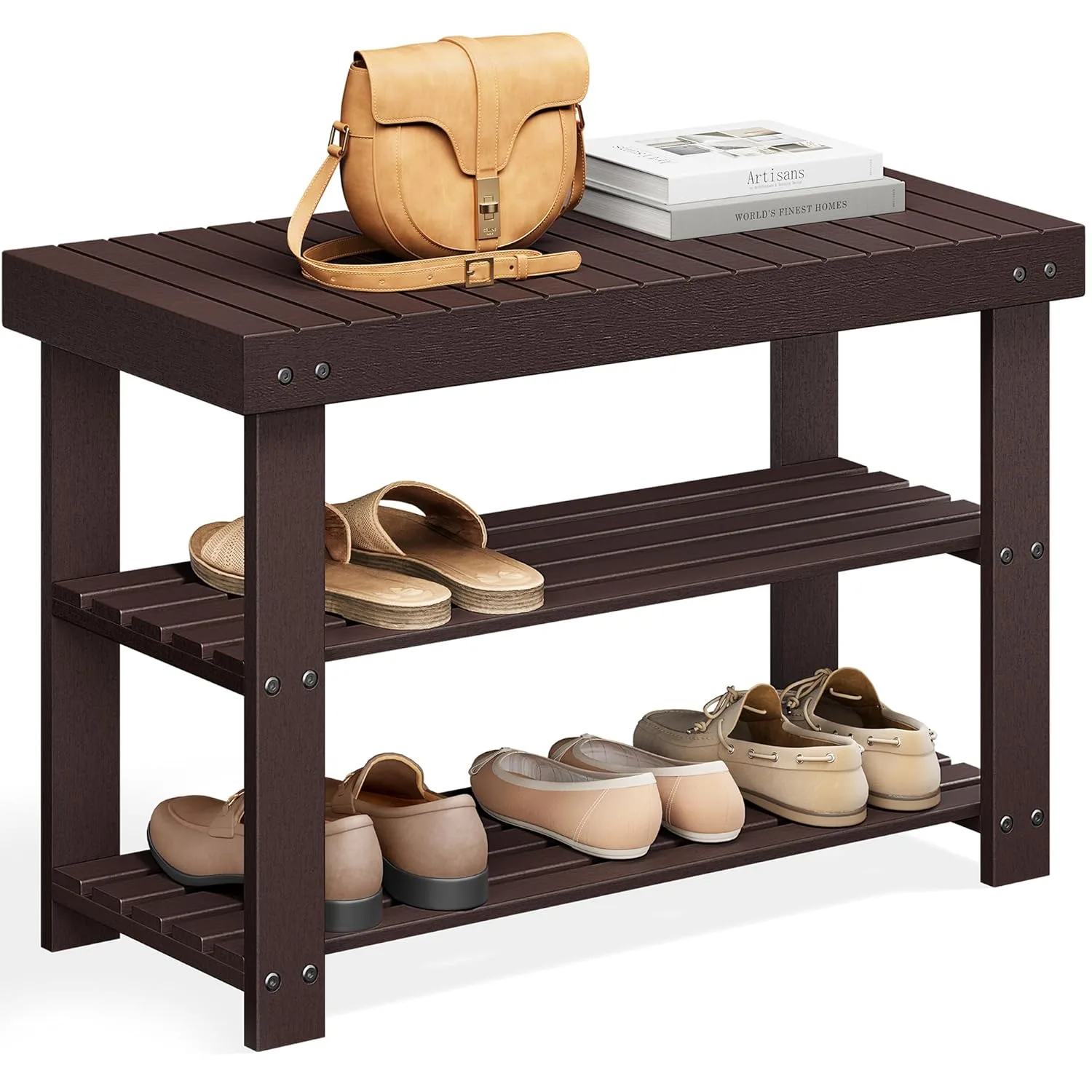 Bamboo Shoe Bench Rack Organizer Entryway