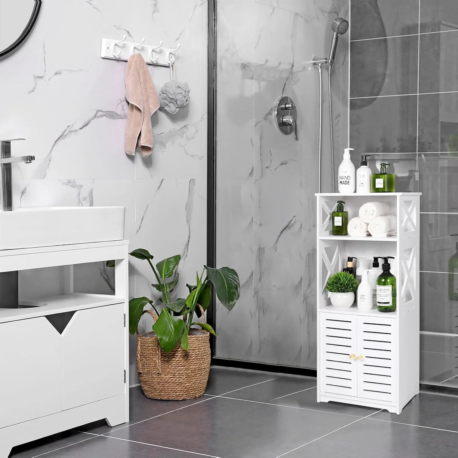 Bathroom Floor Cabinet Storage Organizer White - Image 2