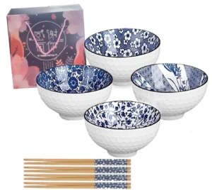 Ceramic Rice Bowl Set Japanese Blue White 4 Pack