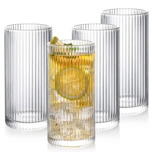 Drinking Glasses Set Ribbed Glassware Highball Cups 12 oz