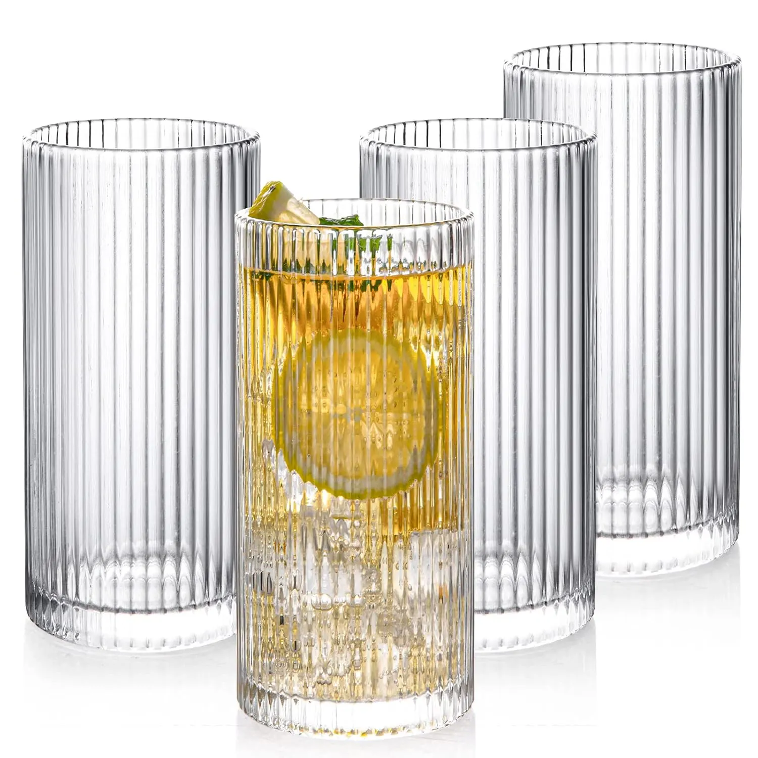 Drinking Glasses Set Ribbed Glassware Highball Cups 12 oz