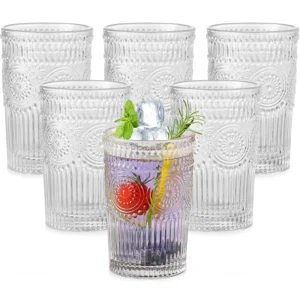Glass Drinking Glasses Set - Embossed Water Tumblers