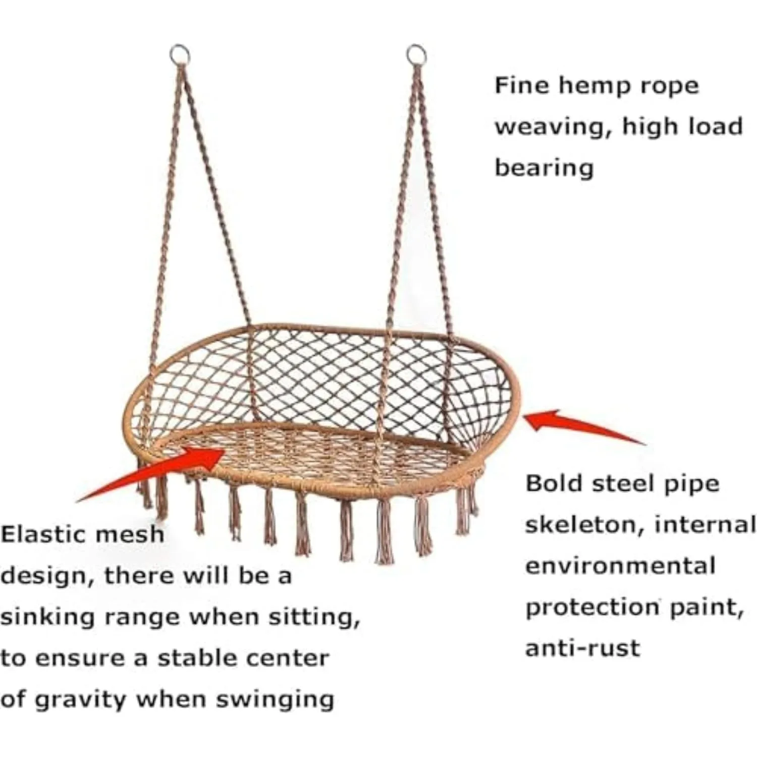2-Seat Hammock Swing Chair - Boho Macrame, 700 lbs Capacity - Image 3