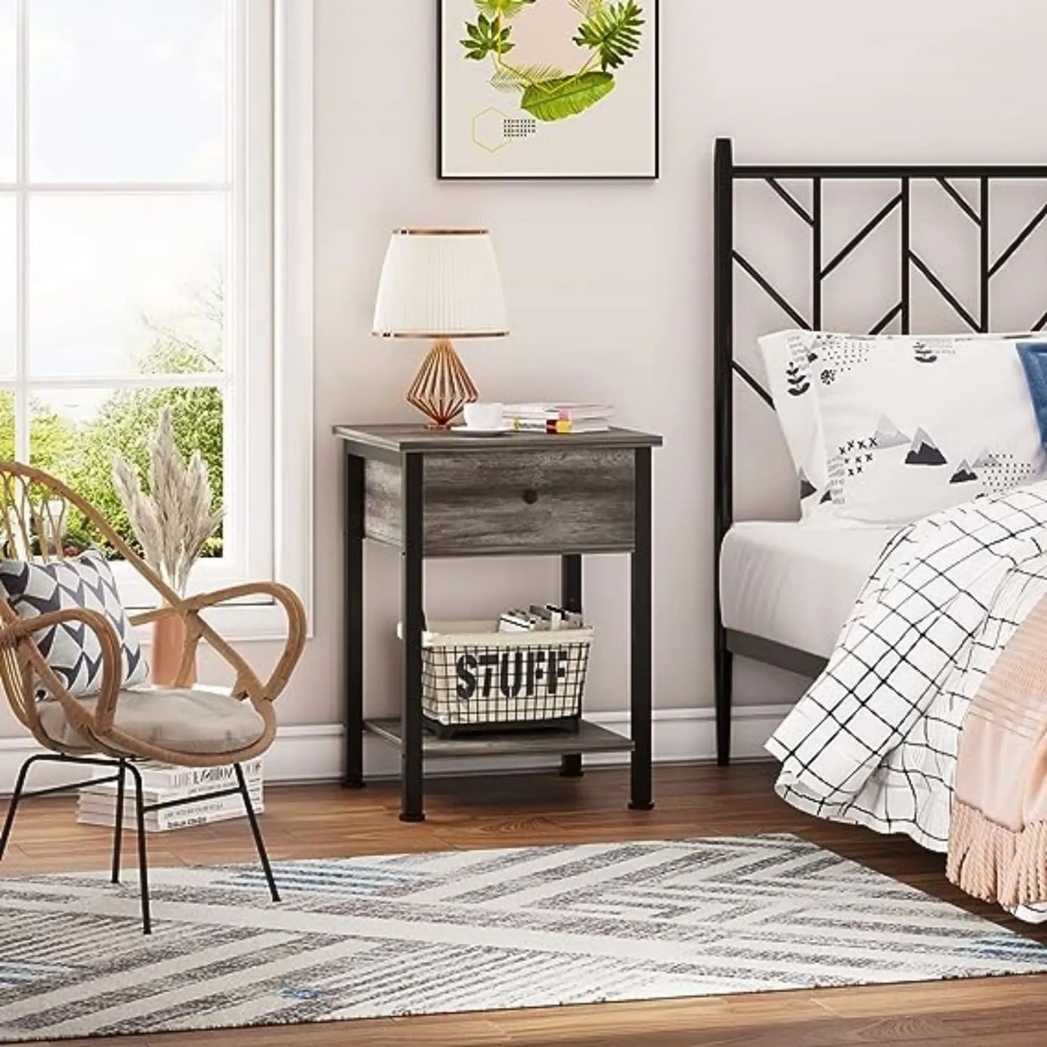 SKY-TOUCH Nightstand Bedside Table Gray End Table - Image 2