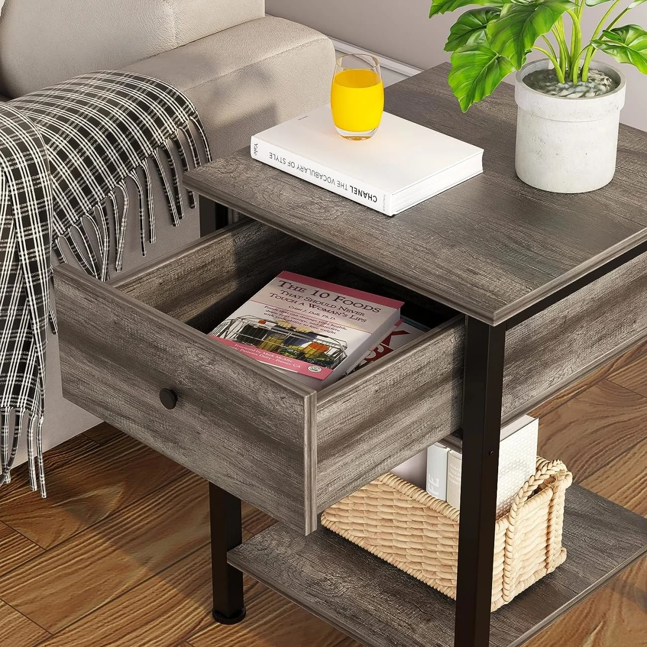 SKY-TOUCH Nightstand Bedside Table Gray End Table - Image 4
