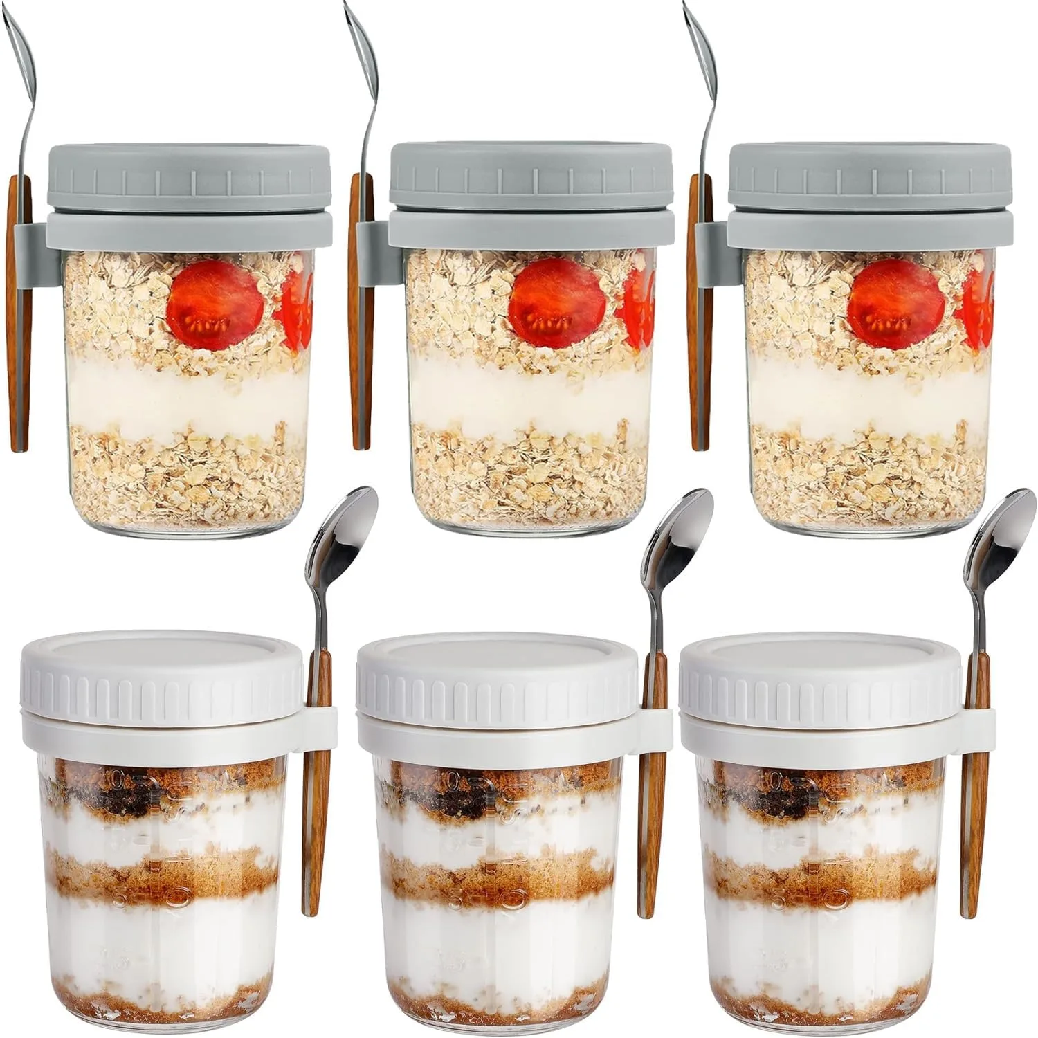 Overnight Oats Jars with Lids & Spoons - 6 Pack 350ml