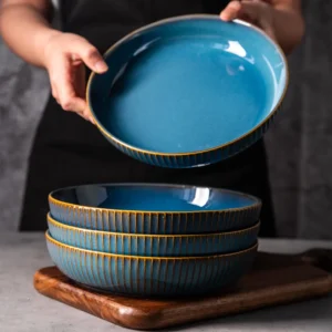 Pasta Bowls Set, Blue Dinner Plates, Salad Fruit Bowls