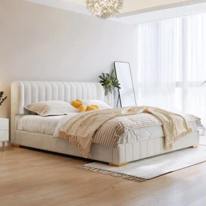 Queen Bed Frame Upholstered Velvet Modern Off-White