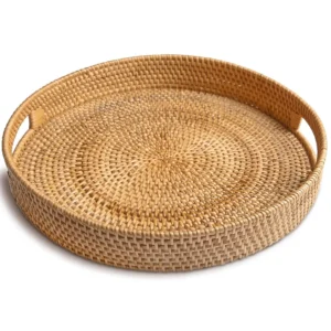 Rattan Serving Tray Round Wicker Tray with Handles