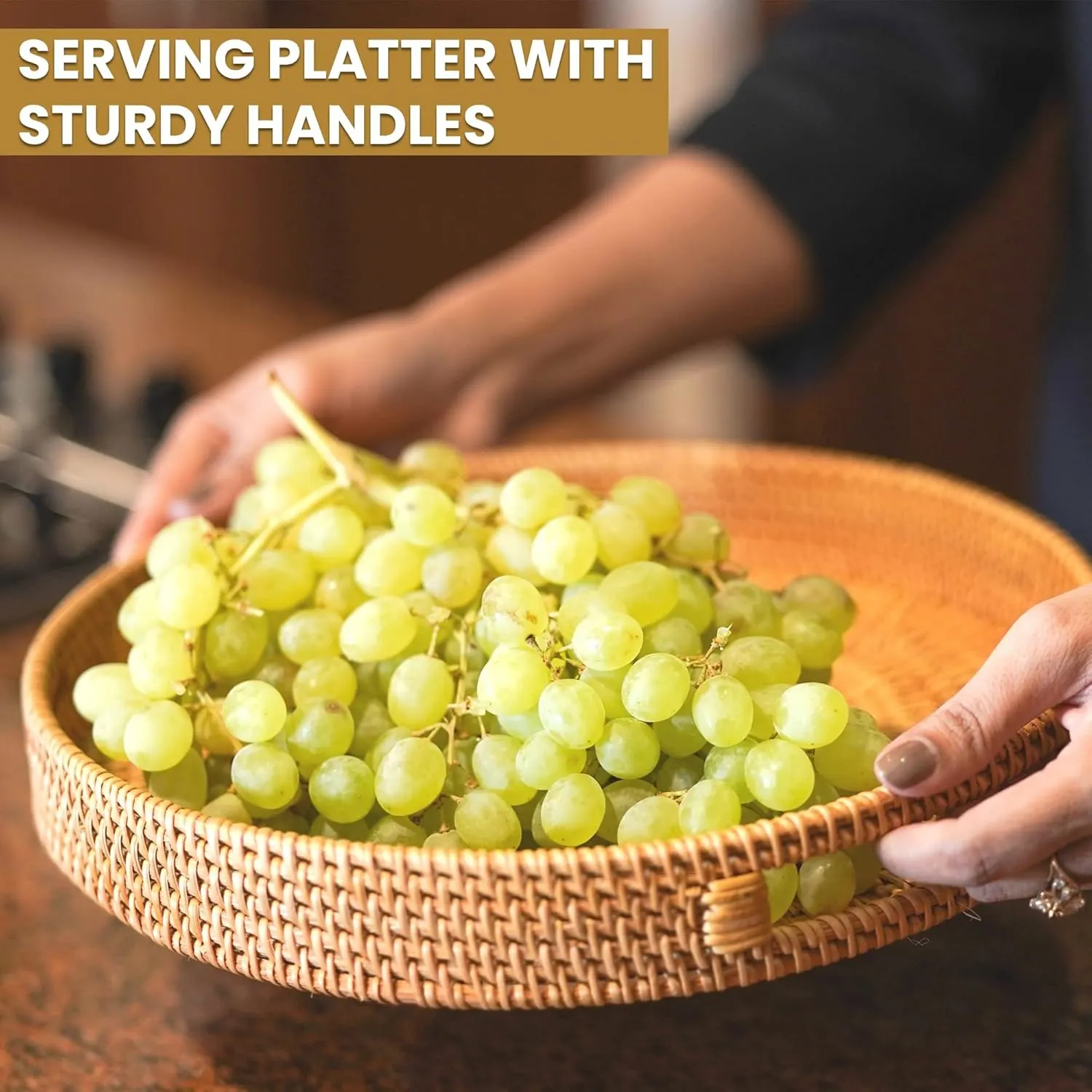 Rattan Serving Tray Round Wicker Tray with Handles - Image 3