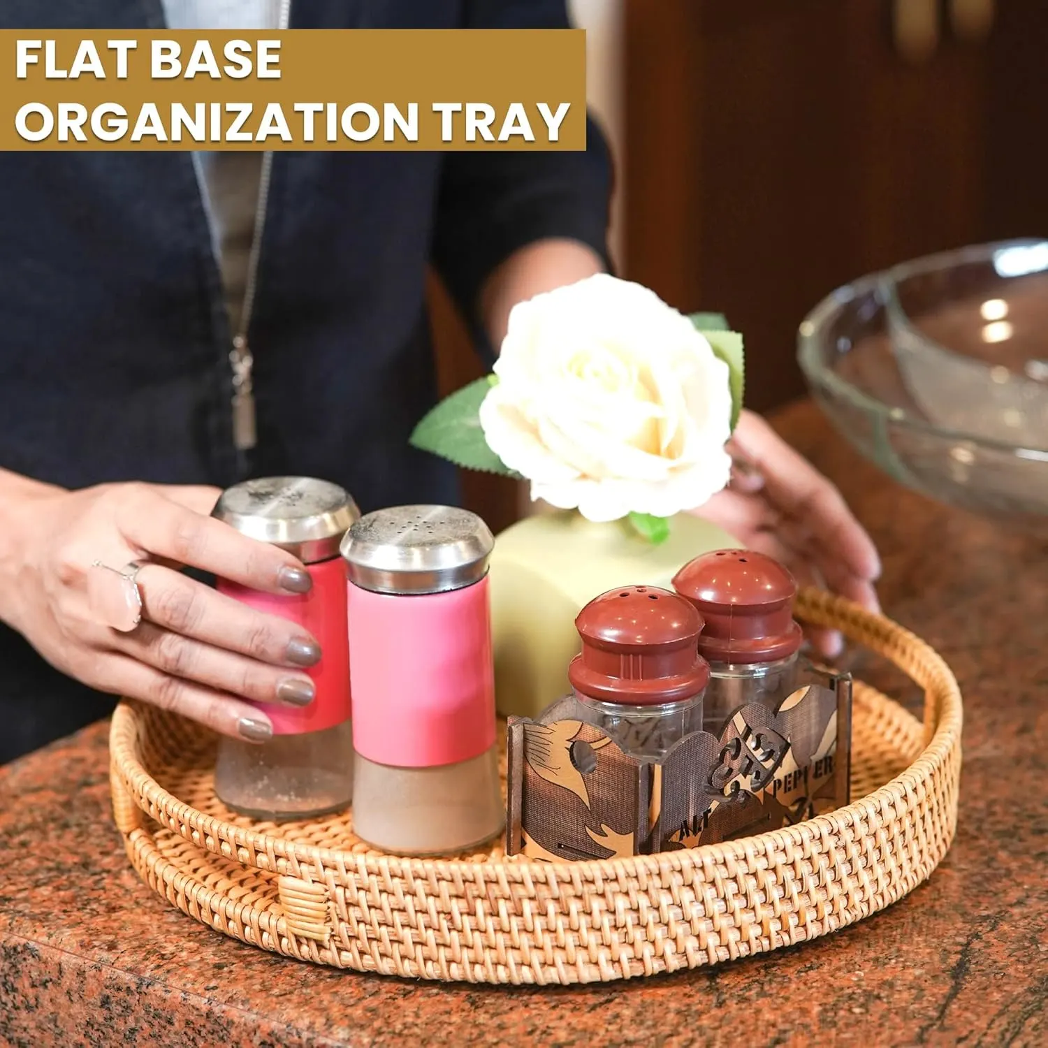 Rattan Serving Tray Round Wicker Tray with Handles - Image 4