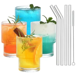 Ribbed Drinking Glasses with Straws - 12oz Glassware Set