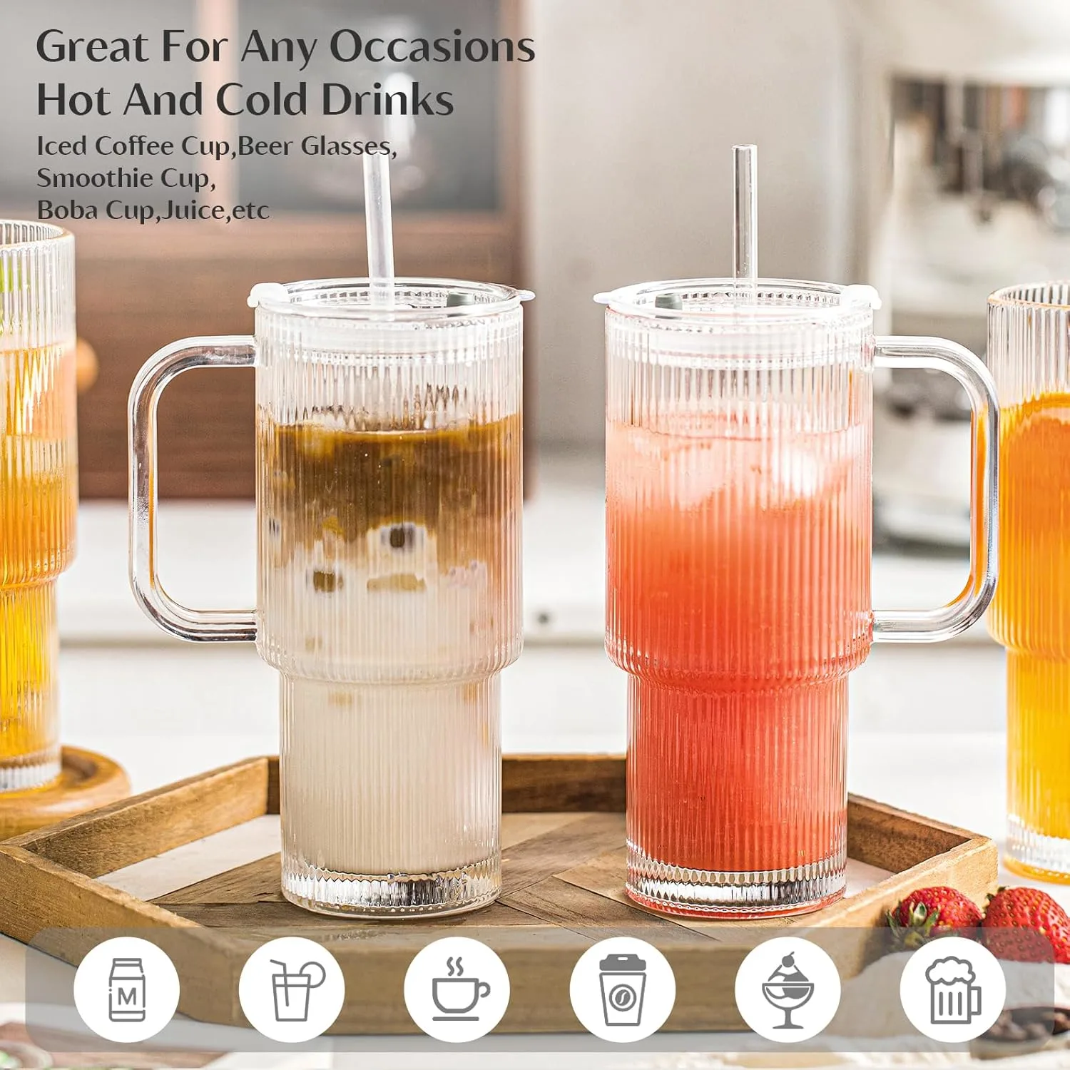 26oz Ribbed Glass Tumbler with Lid & Straw - 2 Pack - Image 4
