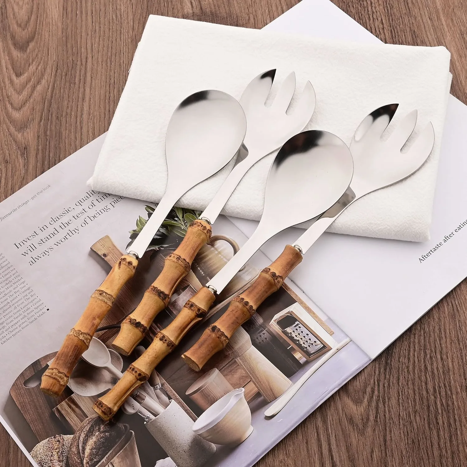 Serving Spoon Fork Set Bamboo Handle - Image 3