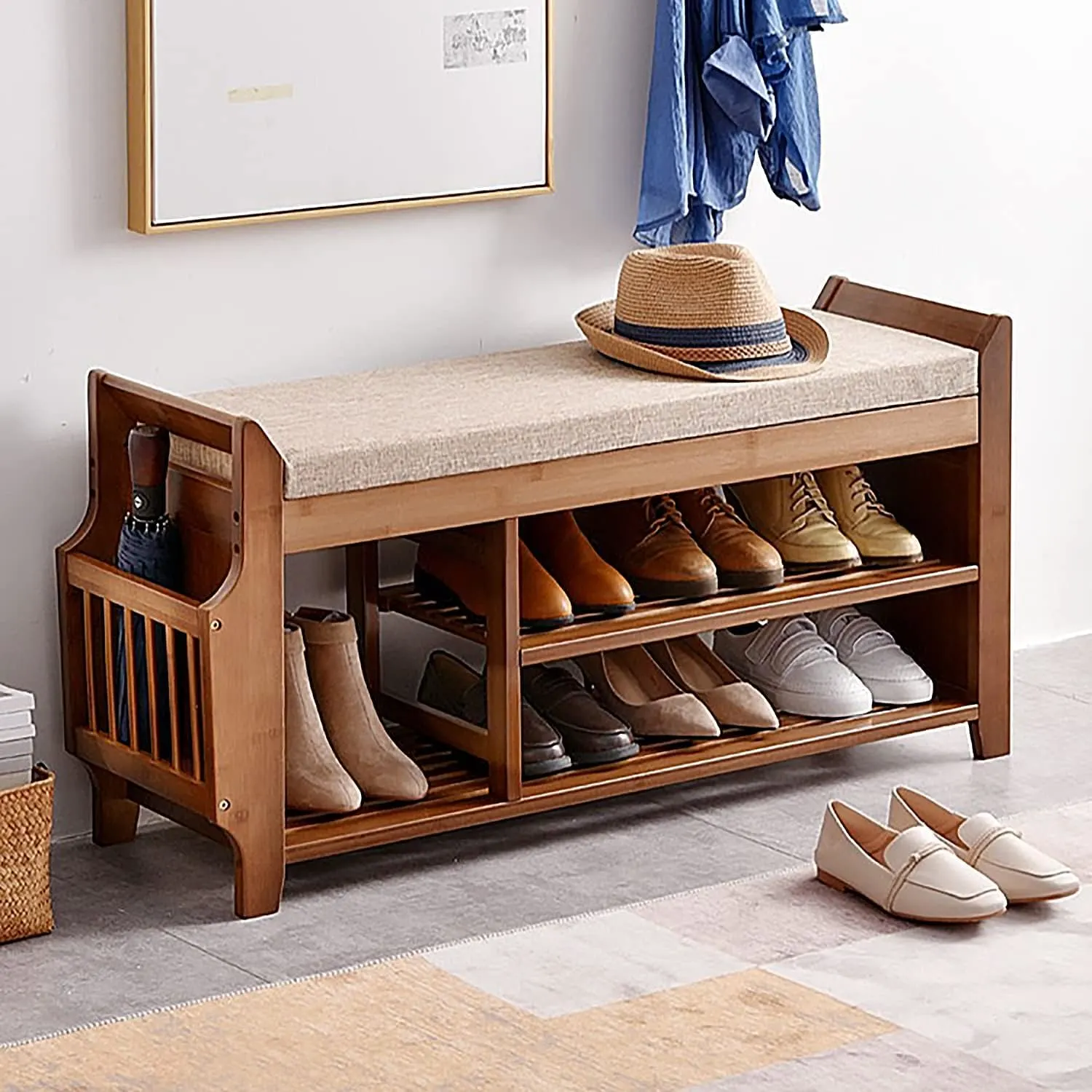 Shoe Rack Bench with Hidden Drawer, Bamboo Organizer
