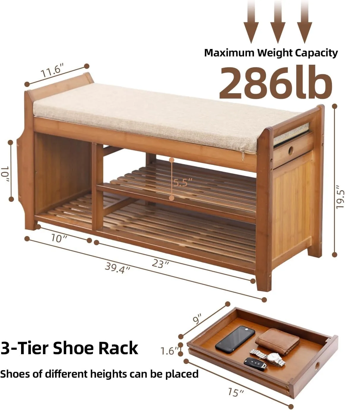 Shoe Rack Bench with Hidden Drawer, Bamboo Organizer - Image 2