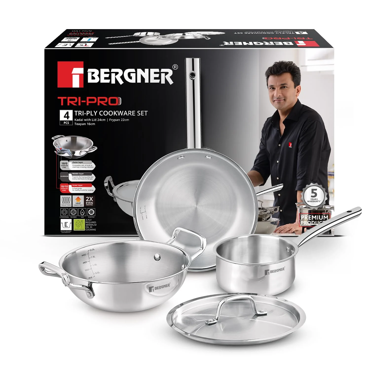 Bergner Triply Stainless Steel Cookware Set Wok Frypan