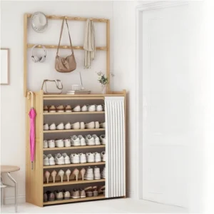 Wooden Shoe Rack Bamboo Entryway Storage with Hooks
