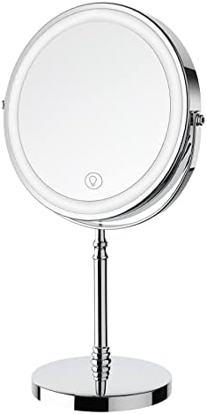 Lighted Makeup Mirror, 8" Rechargeable Double Sided Magnifying Mirror with 3 Colors, 1x/10x 360° Rotation Touch Screen Vanity Mirror, Brightness Adjustable Magnification Cosmetic Light up Mirror