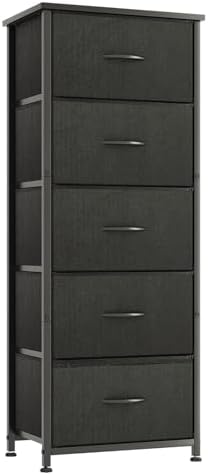 SKY-TOUCH 5 Chest of Drawers, Vertical Storage Drawers Tower Fabric Chest Dresser, Tall Organizer Dresser for Bedroom, Nursery, Closets, Sturdy Steel Frame with Wooden Top, Black