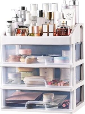 Makeup Organizer With 3 Drawers for Vanity, Skincare, Cosmetics, Eyeshadow, Brushes, Lipstick, Powders, Nail Polish - Great for Dresser, Bedroom, Bathroom (White)