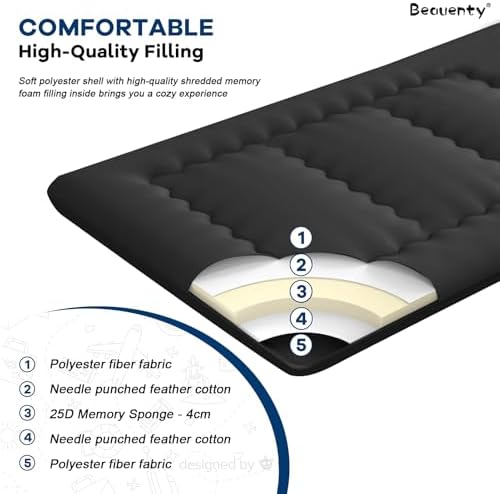 Beauenty Japanese Floor Mattress, Roll Up Quilted Bed Futon Mattress, Thicken Sleeping Pad, Portable Daybed Guest Bed,150 * 200CM Black (Style 1)