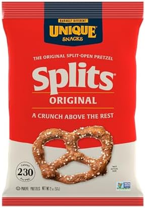 Unique Snacks Original Splits Pretzels, Delicious Homestyle-Baked Snack Bag, OU Kosher, and Non-GMO Food, No Artificial Flavor, 2.12 Oz. Bag, Pack of 12