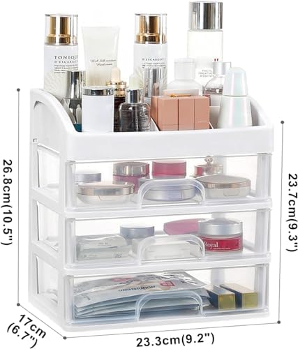 Makeup Organizer With 3 Drawers for Vanity, Skincare, Cosmetics, Eyeshadow, Brushes, Lipstick, Powders, Nail Polish - Great for Dresser, Bedroom, Bathroom (White)