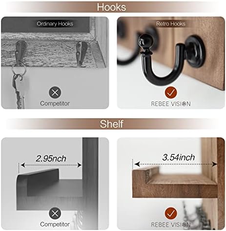 Rebee Vision Decorative Key Holder for Wall - Rustic Key Hooks with Shelf and Mail Organizer Wall Mount for Farmhouse Wall Decor Living Room - Home Essentials for New Home (Retro Brown)