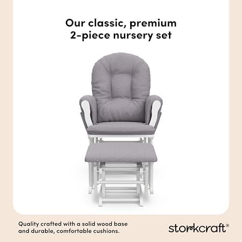 Storkcraft Premium Hoop Glider and Ottoman (White Base, Gray Swirl Cushion) – Padded Cushions with Storage Pocket, Smooth Rocking Motion, Easy to Assemble, Solid Hardwood Base