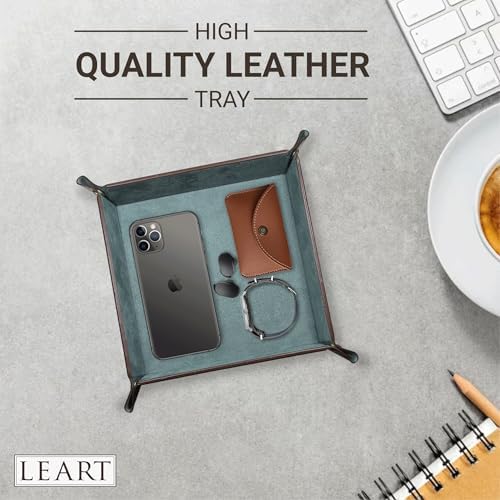 LEART Leather Valet Tray Organizer for Men and Women - Home and Office, Desk and Bedside Catchall holder for Wallets, Jewelry, Watches, Keys, Coins, Mobile, Cosmetics, TV Remote (Jade Green)