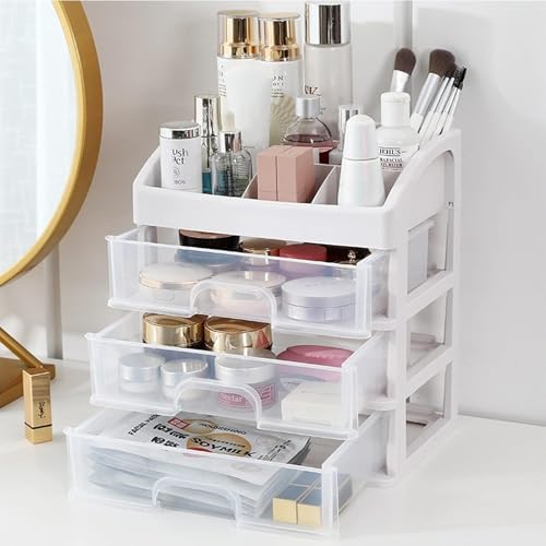 Makeup Organizer With 3 Drawers for Vanity, Skincare, Cosmetics, Eyeshadow, Brushes, Lipstick, Powders, Nail Polish - Great for Dresser, Bedroom, Bathroom (White)