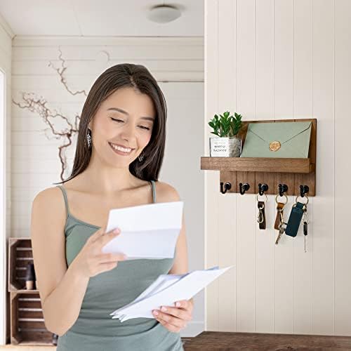 Rebee Vision Decorative Key Holder for Wall - Rustic Key Hooks with Shelf and Mail Organizer Wall Mount for Farmhouse Wall Decor Living Room - Home Essentials for New Home (Retro Brown)