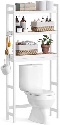 SONGMICS Over The Toilet Storage, 3-Tier Bamboo Over Toilet Bathroom Organizer with Adjustable Shelf, Fit Most Toilets, Space-Saving, Easy Assembly, Simply White and Natural Beige UBTS001W02