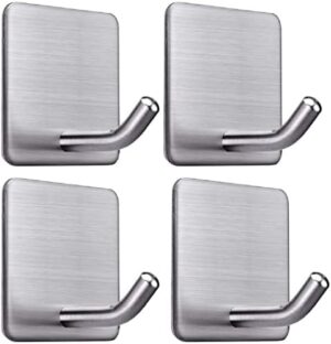 Womdee Adhesive Hooks Stick on Hooks Heavy Duty Wall Hooks Hangers for Hanging Bathroom Kitchen Home Door Closet Cabinet-Stainless Steel-4 Packs