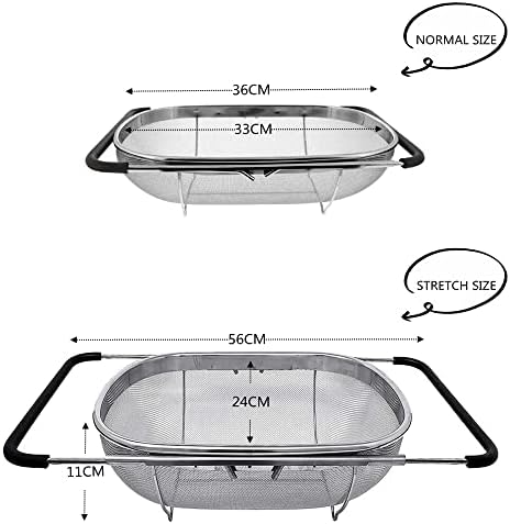 Beauenty Stainless Steel Over the Sink Colander Strainer Basket,Draining Basket,Sink Basket,Sink with Rubber Grip, Fine Mesh, Large Kitchen Gadgets Tools,Strainer Home Kitchen Essentials