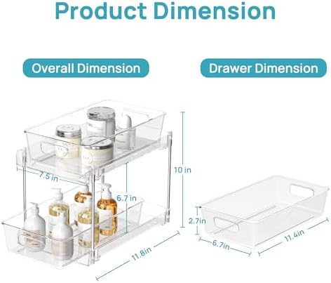 Vtopmart 2 Tier Bathroom Storage Organizer, 4 Pack Clear Under Sink Organizers Vanity Counter Storage Container, Medicine Cabinet Drawers Bins, Pull-Out Organization with Track for Pantry, Kitchen