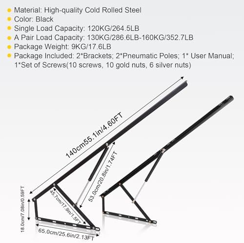 Dyna-Living 5FT Bed Lift Mechanism - 120kg/264.5lbs Load Capacity Hydraulic/Pneumatic Gas Spring Heavy Duty Bed Storage Lift for Storage Bed Box or Sofa Bed