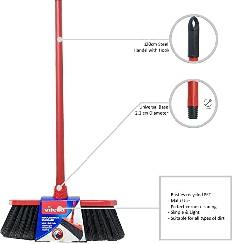 Vileda Standard Indoor Floor Broom with Stick, All Types Of Floors, Perfect Corner Cleaning, Lightweight, Red & Black, 30 x 5 x 140 Cm