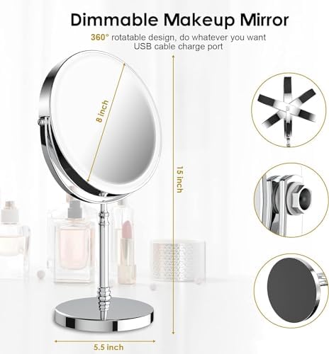 Lighted Makeup Mirror, 8" Rechargeable Double Sided Magnifying Mirror with 3 Colors, 1x/10x 360° Rotation Touch Screen Vanity Mirror, Brightness Adjustable Magnification Cosmetic Light up Mirror