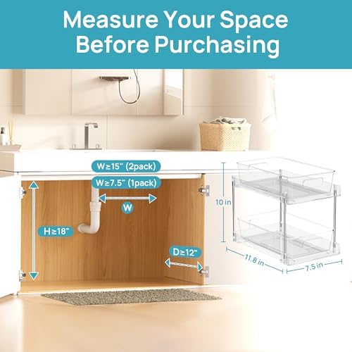 Vtopmart 2 Tier Bathroom Storage Organizer, 4 Pack Clear Under Sink Organizers Vanity Counter Storage Container, Medicine Cabinet Drawers Bins, Pull-Out Organization with Track for Pantry, Kitchen