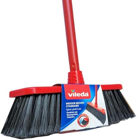 Vileda Standard Indoor Floor Broom with Stick, All Types Of Floors, Perfect Corner Cleaning, Lightweight, Red & Black, 30 x 5 x 140 Cm
