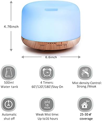 Baeskii 500ml Essential Oil Diffuser, Quiet Aromatherapy Mist Diffusers for Essential Oils, Ultrasonic Oil Diffuser with Remote Control,Timer, 7 Colors Light for Bedroom
