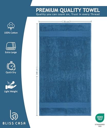 Bliss Casa Bath Towel Set (4 Pack, 70 X 140 cm) - 600 GSM 100% Combed Cotton Quick Drying Highly Absorbent Thick Bathroom Towels - Soft Hotel Quality for Bath and Spa - Navy