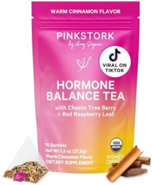 Pink Stork Hormone Balance Tea - Organic Red Raspberry Leaf + Vitex + Supporting Herbs - PMS, Perimenopause + Menopause - Warm Cinnamon - 30 Cups